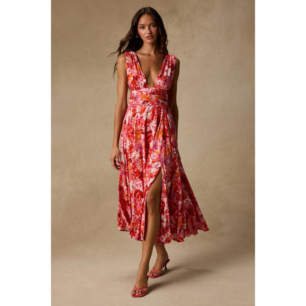 Lulus Jaden Pink Multi Abstract Sleeveless Midi Dress - Size L